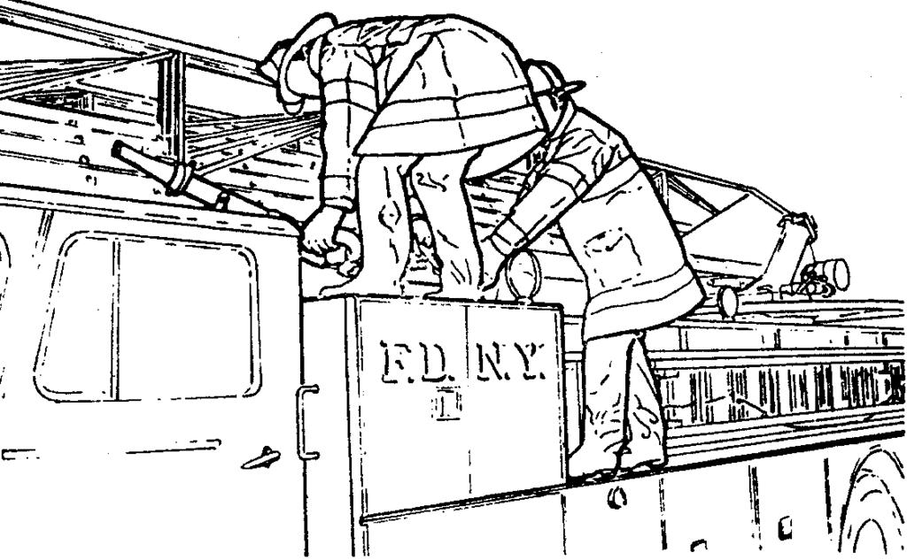 3.3 Number 1 man: Mounts apparatus on side with hose crib. Proceeds to ladder pipe, releases ladder pipe clamps and mounts top of upper storage compartment. See Fig.
