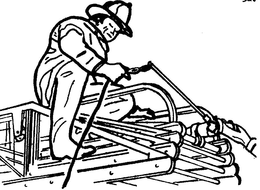 Number 2 man: Number 3 man: Number 4 man: Receives pipe from #1 man and clamps it on rungs 1 & 2. Attaches halyard clip to ladder pipe handle, points tip of pipe toward ground. (Fig.