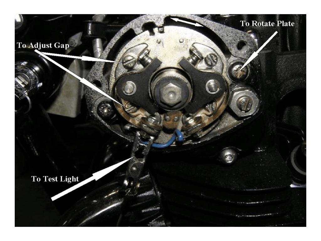 The Procedure (Static Timing) Remove the spark plugs. Remove the round alternator cover, and use a 14mm wrench to turn the crank counter-clockwise, as viewed from the left side.