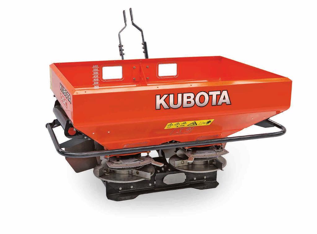 KUBOTA DSC 700 COMPACT AND COMPLETE Three options of hopper capacity 24.7 ft³ (700 ltr), 31.8 ft³ (900 ltr), 49.4 ft³ (1400 ltr) Four detachable vanes per disc determine the working width.