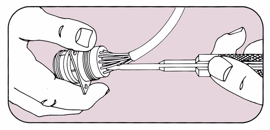 1. Lubricate wire cavities in back face of insert with a very thin film of DC-200 Silicone Oil or equal before inserting contacts. 2. Locate contact in insertion tool (as shown in illustration). 3.