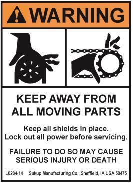 Keep clear of all augers. Mount this decal on bin sheet near door handle and near ladder leading to roof.