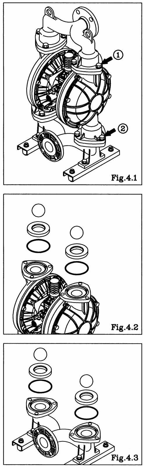 4. Balls and Valve seats 4.1 Removal BA_, BS_, BF_ types Remove the 6 (8 on the DP-80-HD) retainer bolts 1 from the out manifold, and remove the out manifold. [Fig.4.1] Remove the ball, valve seat and O ring.