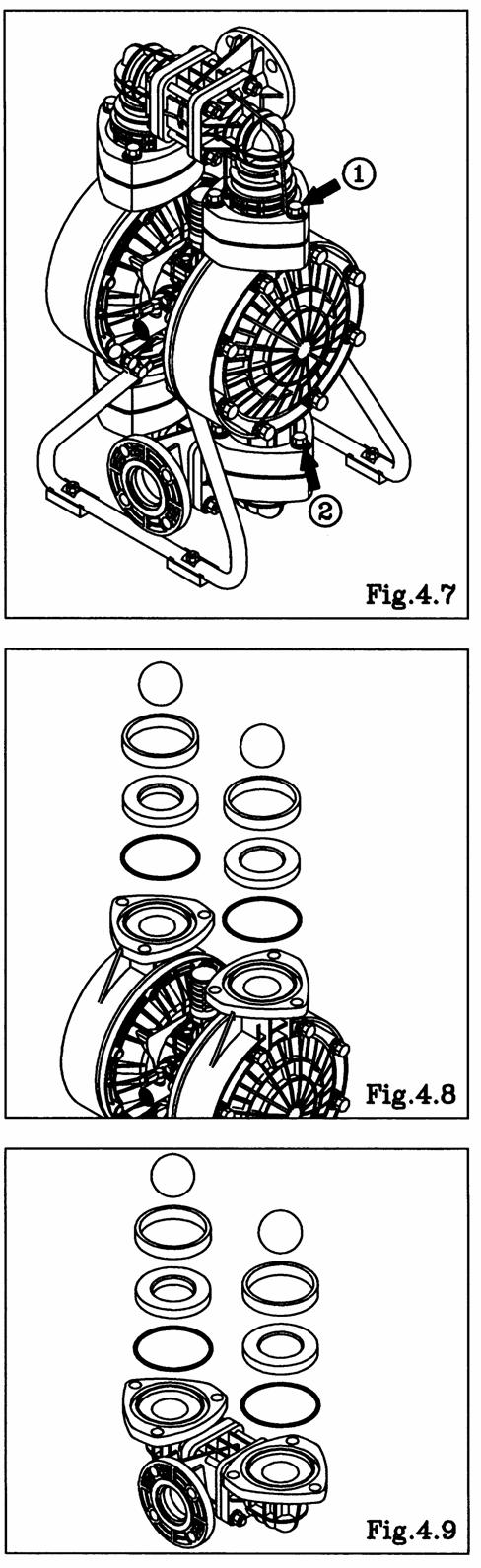 DP-50 BP_-HD BV_-HD, DP-80 BP_-HD types Remove the 6 (8 on the DP-80-HD) retainer bolts 1 from the out manifold, and remove the protector and out manifold. [Fig.4.
