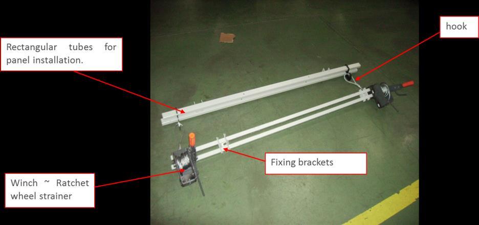 Assemble the rectangular tubes with hooks and the other tubes with the winch.
