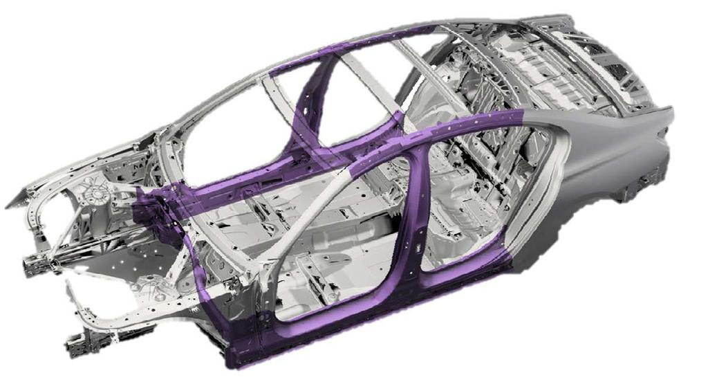 structure across the transmission tunnel. Carbon Fibre Reinforced Plastics (CFRP) are used as a cap for the transmission tunnel and for the parcel shelf support panel.