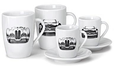 BMW 328 and BMW 507. Includes matching saucers with a concave BMW logo. Delivered in a premium gift box.