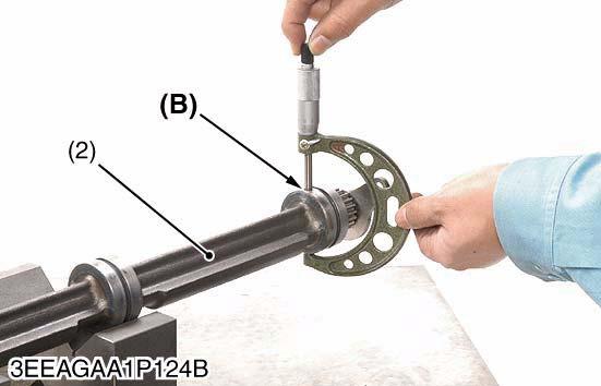 Oil Clearance of Balancer Shaft Journal (for V3007-DI-T-E3B / V3307-DI-T-E3B Balancer Model) 1. Measure the balancer shaft journal O.D. ((A) and (B)) with an outside micrometer. 2.