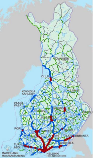 Finnish road network Goods transport is concentrated in Southern Finland between big cities Local hot