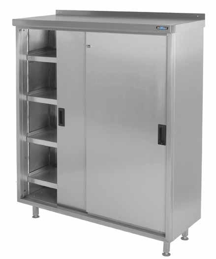 This unit has a 40mm upstand and folded boxed edge to the rear. The storage cupboard underneath has sliding doors and is fitted with stainless steel legs with adjustable feet or the option of castors.