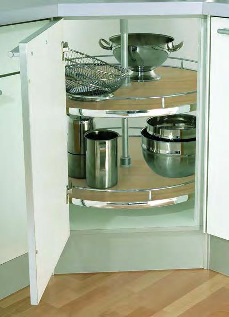 LAZY-SUSAN CORNER Available as a wire basket or a wood shelf tray For base and wall cabinet use Extra length center tube available on