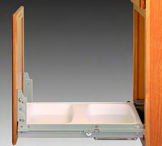 adjustable front bracket facing inward FEATURES: High-impact Delrin rollers A very versatile pull-out for kitchen base cabinets This new waste bin pull-out system incorporates