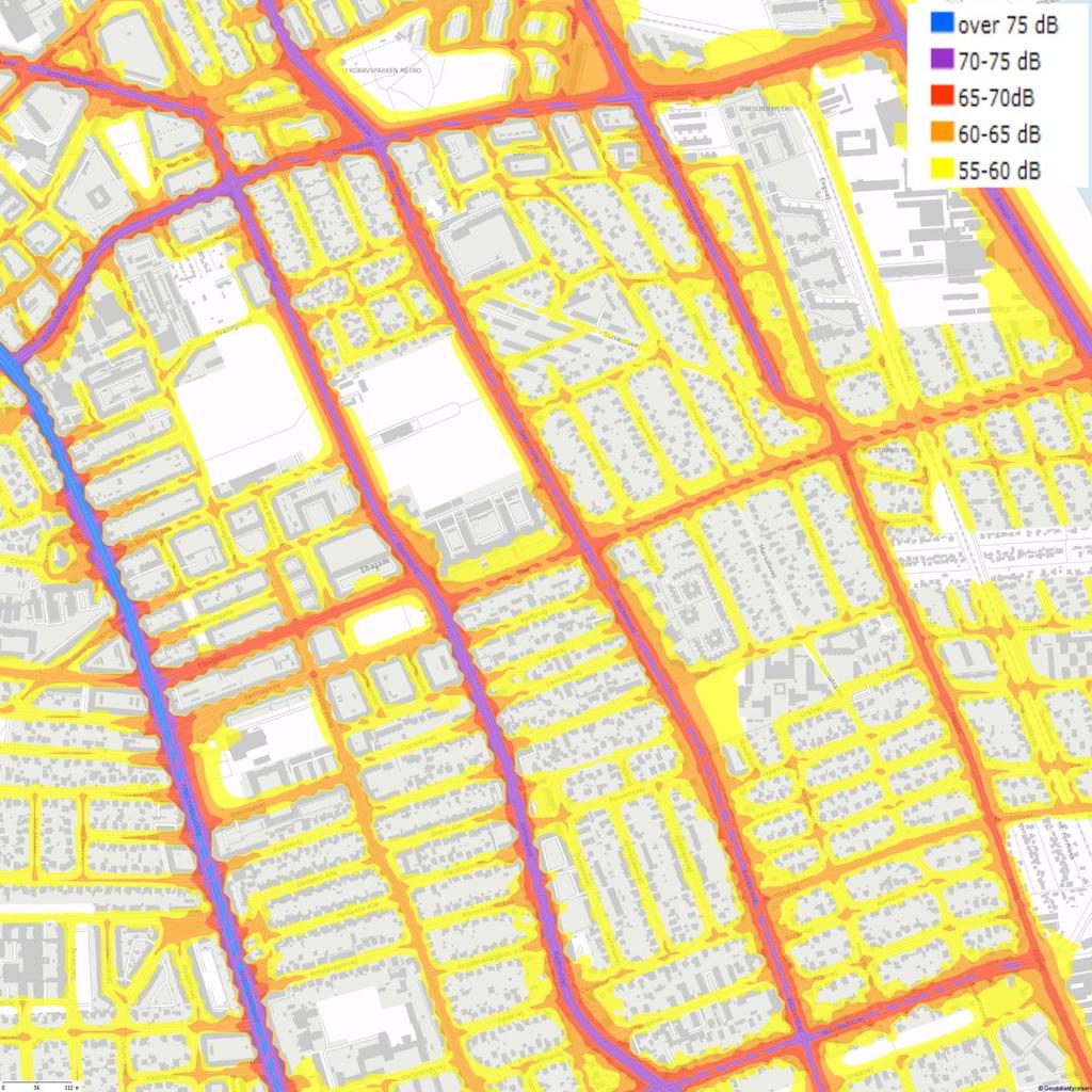 Figure 29: Noise map of part of Copenhagen with residential areas and collector roads.