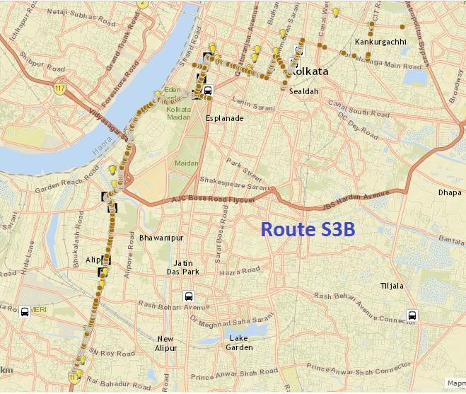Figure 9-2: S3 B Route Map For this pilot we recommend DC fast chargers installed at any 3 or 4 tram depots/stations among the following: 1. Tollygunj 2. Gariahat 3. Park Circus 4. Raja Bazar 5.