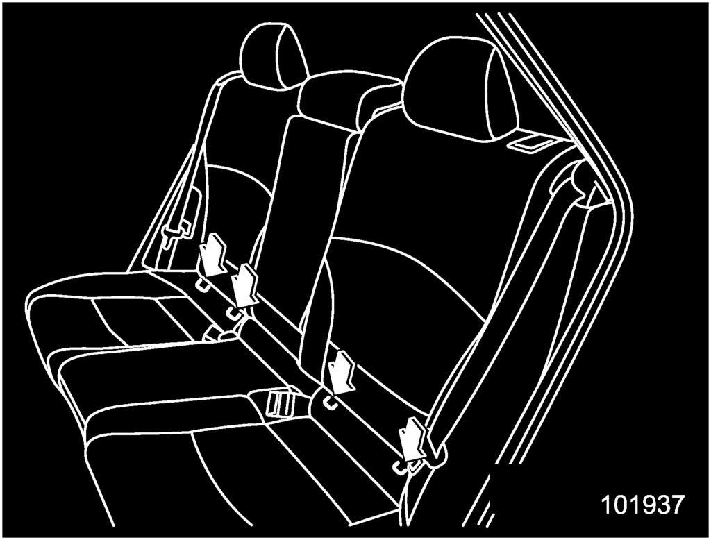 Your vehicle is equipped with four lower anchorages (bars) and three upper anchorages (tether anchorages) for accommodating such child restraint systems.