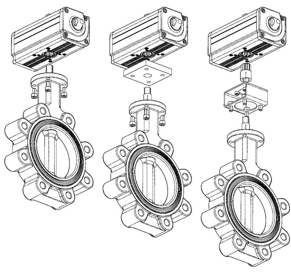 Fig 5.2 Valve/Actuator assembly: (A) direct-mount (B) plate-mount (C) bracket-mount.