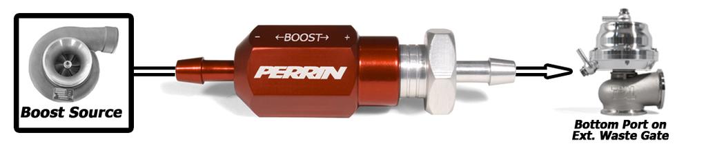 PERRIN Manual Boost Controller shown connecting to bottom port on Wastegate. NOTE: Intake Manifold can be uses as boost source.