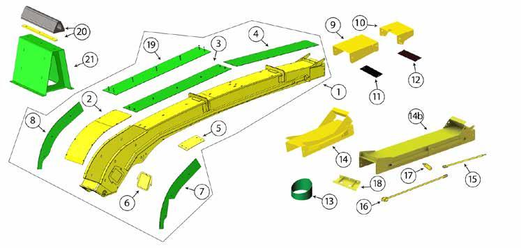KOOIMA REPLACEMENT PARTS TO FIT 7000 SERIES JOHN DEERE 250MM WIDE LOW-ARCH SPOUT Replacement parts produced by Kooima Company to fit JD 7000 Series 84 11 1/2" wide K62973 Low-arch spout Uses high