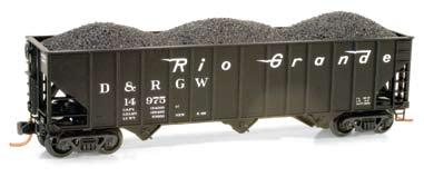 period. This black 100-ton 3-bay open hopper with coal load proudly displays the Rio Grande name in white speed lettering and runs on black Barber roller bearing trucks.