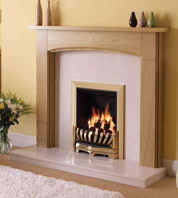 Natural Oak finish with a Manila micro marble back panel and hearth featuring an Avantgarde gas