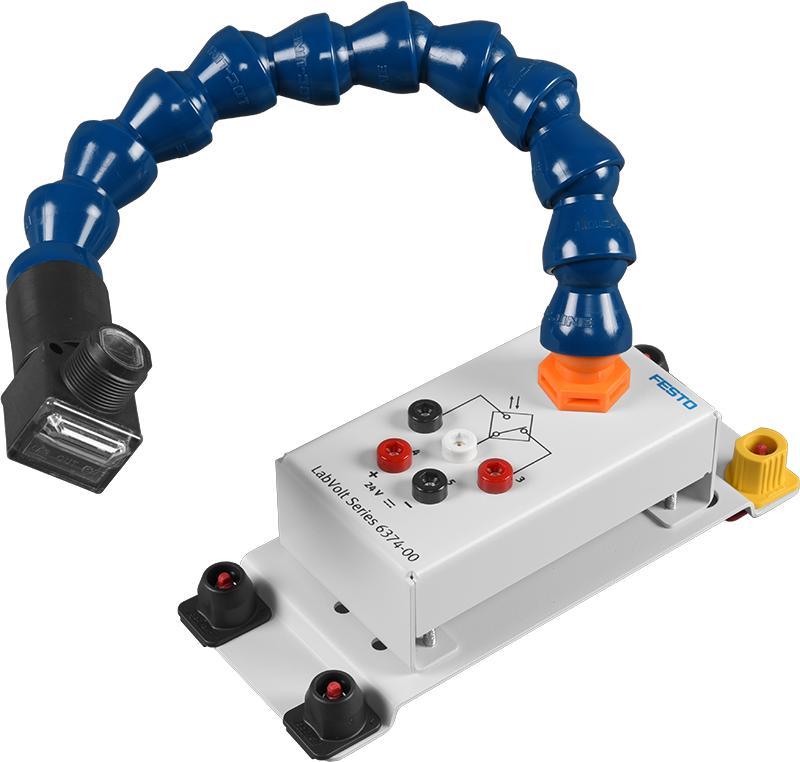 The sensor is mounted on a flexible support for easy positioning. The model has one normally open and one normally closed contact, and the electrical connections are made using miniature banana jacks.