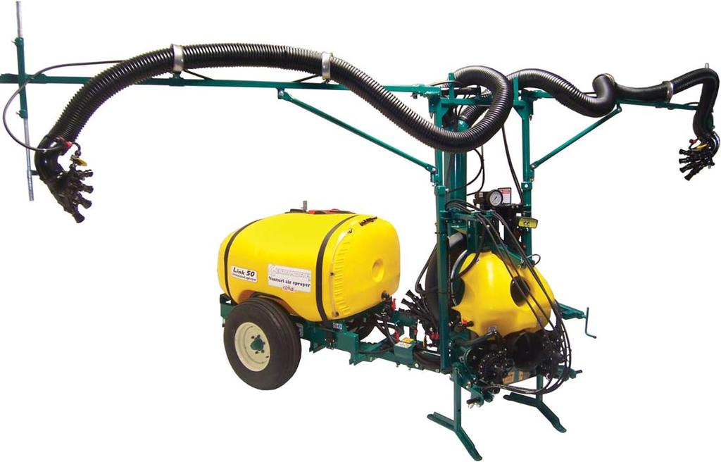 The sprayer shown is equipped with our unique 2 row distribution heads for spraying two complete rows with one pass.