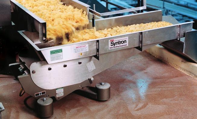 Continuous welds on stainless steel troughs provide extra sanitation for food and pharmaceutical applications. Syntron BF-4 Feeder with peripheral discharge feeds candy to a weigh scale.