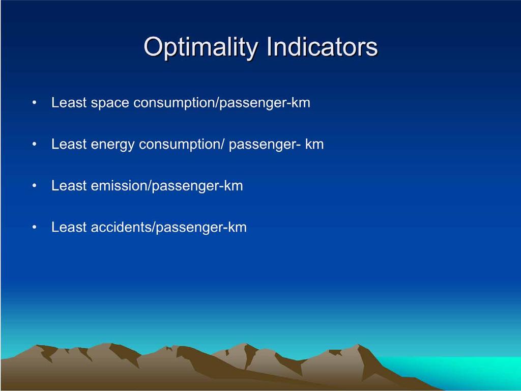 Optimality Indicators Least space consumption/passenger-km Least energy
