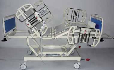 siderails, colour co-ordinated to bed frame LOAD 400 kg Two sockets for IV pole at head side Bed weight 150 kg 4 castors Ø 150 mm with central brake system with directional control Moulded removable