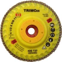 C5T60087 C5T60127 TrimZEE FLAP DISCS Premium zirconia abrasive material made with poly-cotton cloth for best performance on all angle grinders. Trimmable plastic backing for maximum abrasive usage.