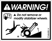 Part Number 77 Do not remove or modify stabilizer wheels or rear engine guard or injury can result. Part Number 77 Keep shields or covers in place while machine is in operation.