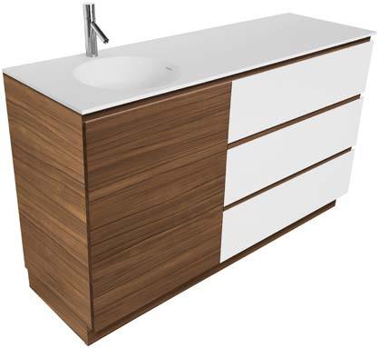 (per basin) Bowl/Top finish integrated 12mm solid surface top and basin (white) Cabinet finish matte/satin white polyurethane with choice of veneer (as follows): Fremantle, Blackheath, Fitzroy, The