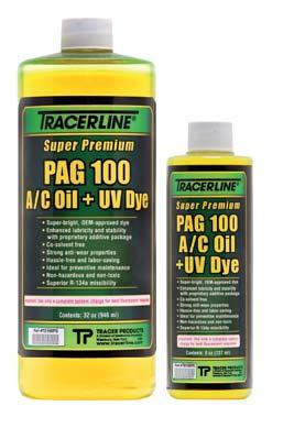 Dyes, Dyed Oils, Oils and Hardware for AC&R Systems Super Premium Universal/POE and PAG A/C Oils Premixed with UV Dye Detect even the smallest leaks when used with any standard fluorescent leak