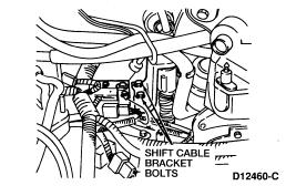 Remove the two shift cable bracket bolts.