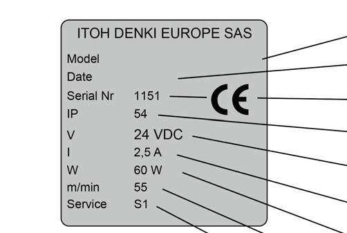 ITOH DENKI PM500VE0550800XG0SC001 10/14 1151 IP54 24VDC 55m/mn S1 13 - PRODUCT IDENTIFICATION Round label 1 1 Product reference number 2 2 3 4 Month and year of manufacture Serial number 5 Power