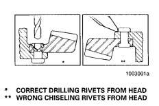 b. Drill each rivet head on the ring gear side of the assembly to a depth equal to the thickness of one rivet head.