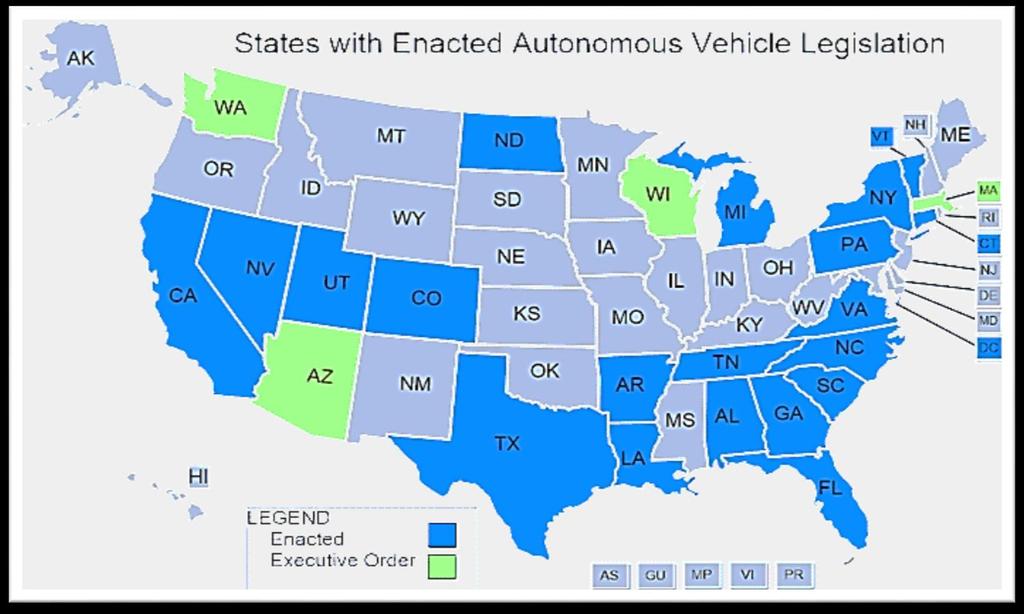 The National Landscape As of July 2017, 22 states have passed legislation related to autonomous vehicles.