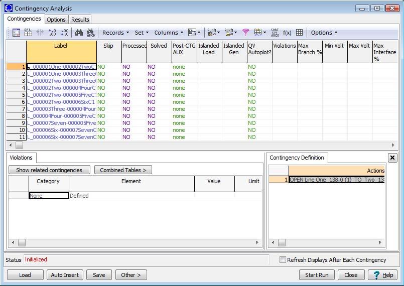 Contingency Analysis Dialog with Contingencies Defined List of contingencies now defined A Description of the selected contingency appears in the