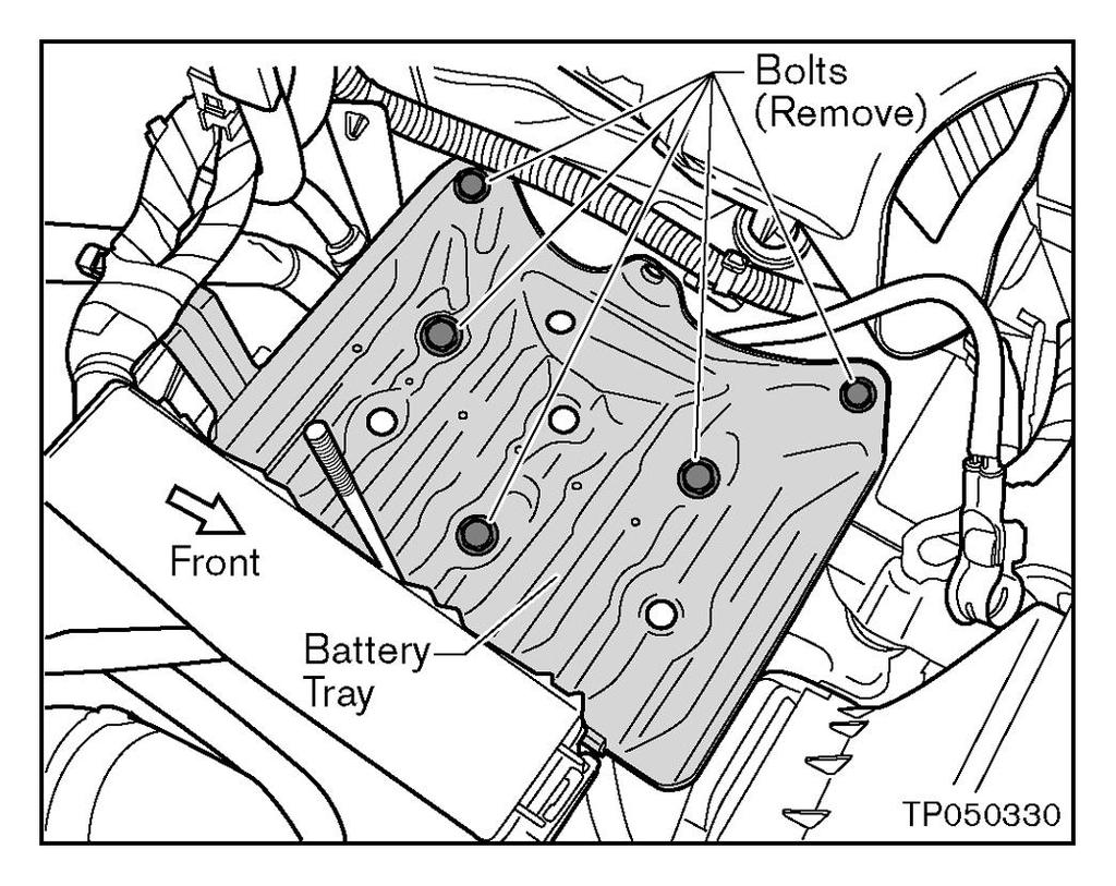 11 of 21 9/1/2015 3:18 PM a. Remove five Bolts that secure the Battery Tray to the vehicle (see Fig 11). b.