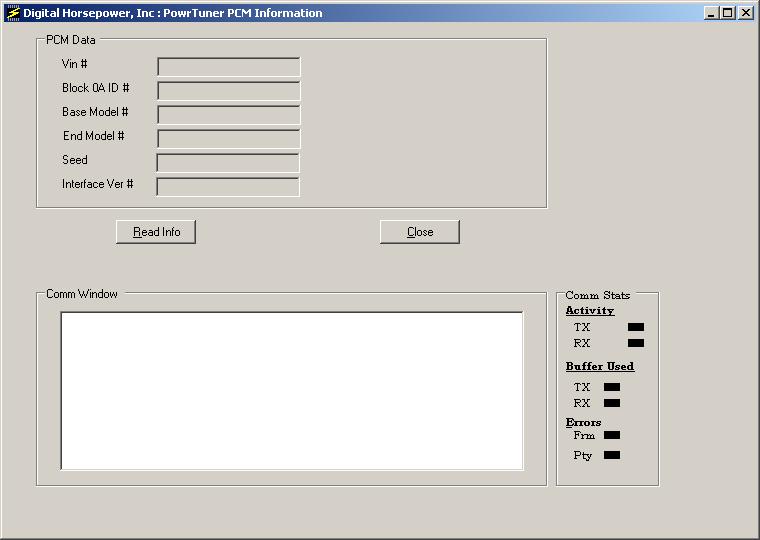Interface Ver # reflects the version of the DHP Interface. The current version is 2.0 for the interface. If you have a previous version, contact DHP for a firmware upgrade. Comm Window displays comm.