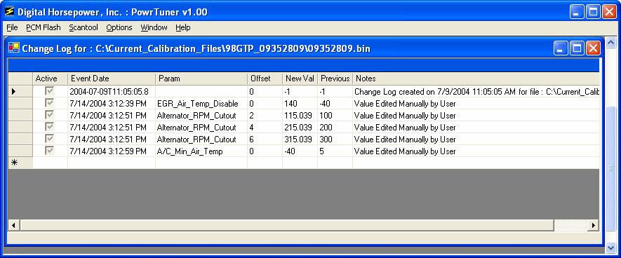Figure 5-16. Change Log After Editing File Screen The change log has the following fields: Active Flag, Event Date, Param, Offset, New Val, Previous, Notes.