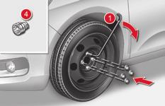 In the event of a breakdown F Lower the vehicle fully. F Fold the jack 2 and detach it. F Tighten the security bolt using the wheelbrace 1 fitted with the security socket 4.