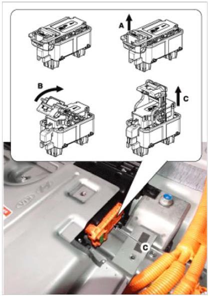 Remove the luggage mat and cover board to access the HEV battery. 3. Remove the 2 safety plug cover bolts (A) and (AA), then remove the safety plug cover (B).