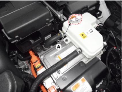 5. Remove the hybrid coolant reservoir cap (F) to help drain the