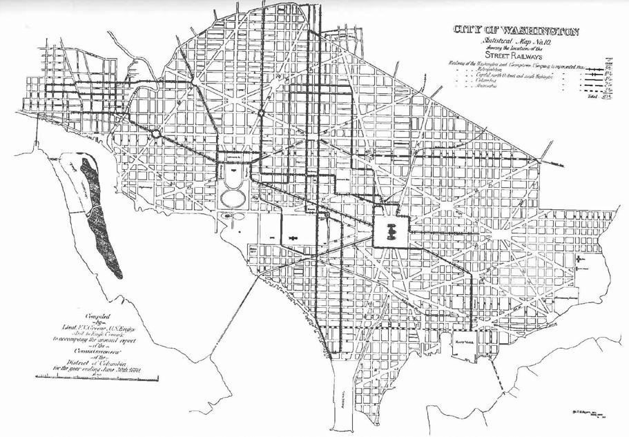 City of Washington Streetcar Routes, 1880 (King 1989:15). On May 12, 1890, the District of Columbia's first cable car operation opened along the existing 7 th Street line.