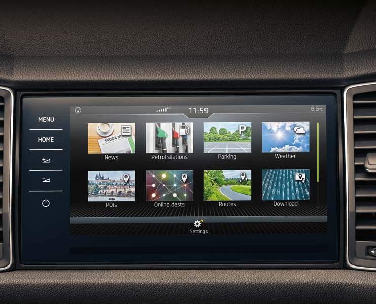 STAY CONNECTED The new ŠKODA Connect system turns the KODIAQ into a fully interconnected car. Infotainment Online provides satellite navigation, traffic reports and calendar updates.