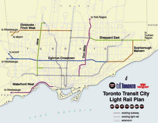 About the Eglinton Crosstown LRT The Eglinton Crosstown LRT, part of the Transit City LRT Plan, is approximately 33 kilometres in length, from Kennedy Station in the east to the