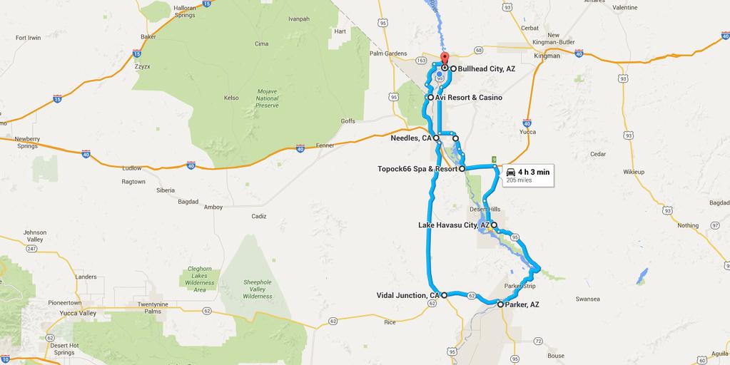Bullhead City, AZ to Bullhead Area Chamber of Commerce Topock, Lake Havasu, Parker, Vidal Jct, Needles, AVI- 205 miles.