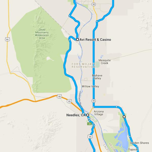 35. Continue onto Needles Hwy/River Rd Continue to follow Needles Hwy 36. Slight right onto Aha Macav Pkwy Entering Nevada Destination will be on the right 12.7 mi 1.7 mi 20 min (15.