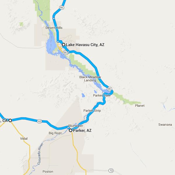 22. Turn left onto AZ-95 S 23. Turn left onto S California Ave 35.2 mi 128 ft 46 min (38.5 mi) Parker, AZ 24.